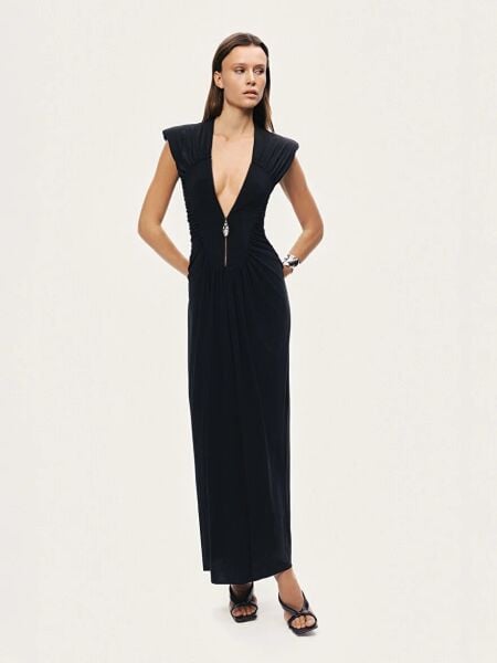 DRAPELİ VE FERMUAR DETAYLI MAXİ ELBİSE