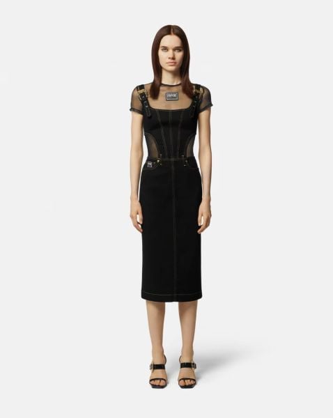 Baroque Buckle Midi Denim Elbise