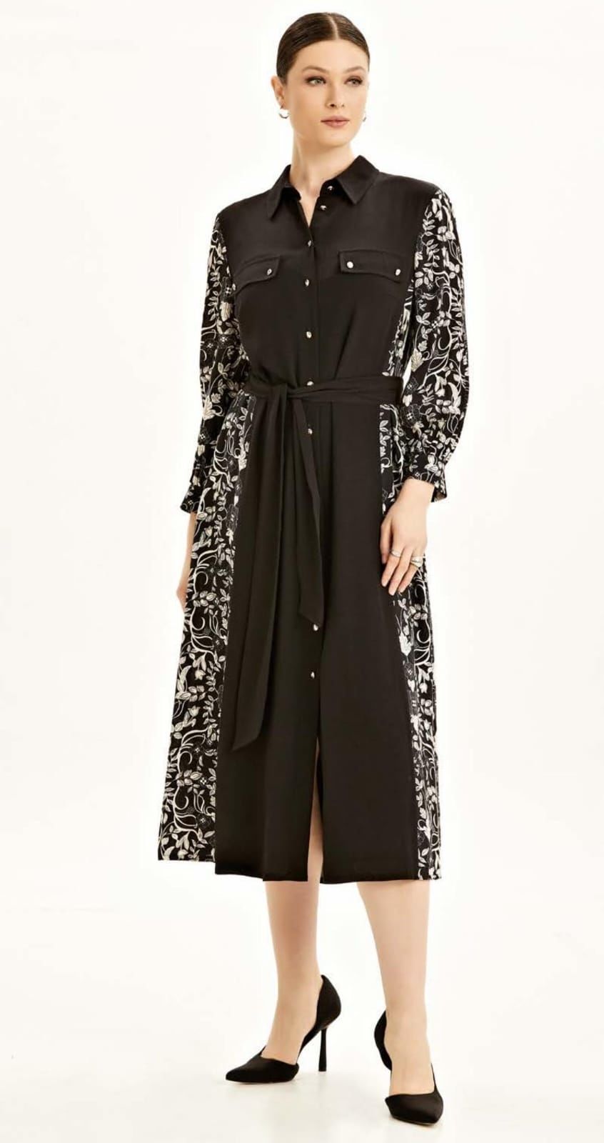 Siyah Desenli Midi Boy Elbise