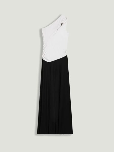 GOLD AKSESUARLI KONTRAST DETAYLI MAXİ ELBİSE