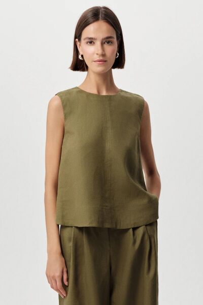 Bisiklet Yaka Kolsuz Arkası Düğmeli Regular Keten Bluz