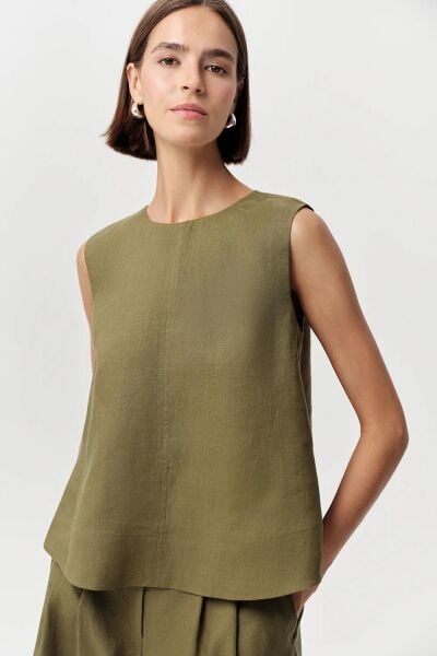 Bisiklet Yaka Kolsuz Arkası Düğmeli Regular Keten Bluz