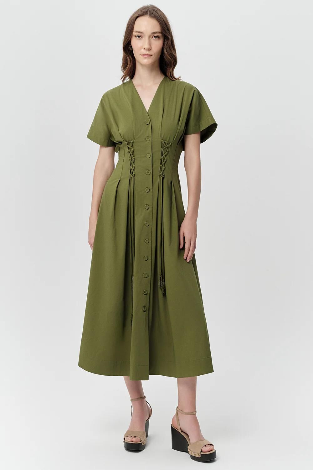 V Yaka Bağcık Detaylı Bele Oturan Cepli Regular Midi Elbise