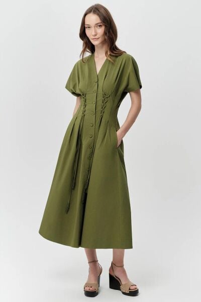 V Yaka Bağcık Detaylı Bele Oturan Cepli Regular Midi Elbise