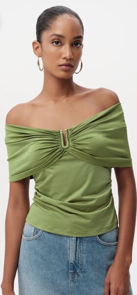 Omuzları Açık Metal Tokalı Slim Fit Örme Bluz