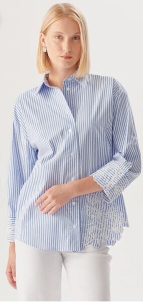 Çiçek İşlemeli Mavi Çizgili Regular Gömlek