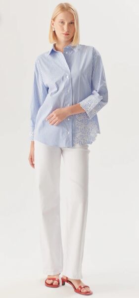 Çiçek İşlemeli Mavi Çizgili Regular Gömlek