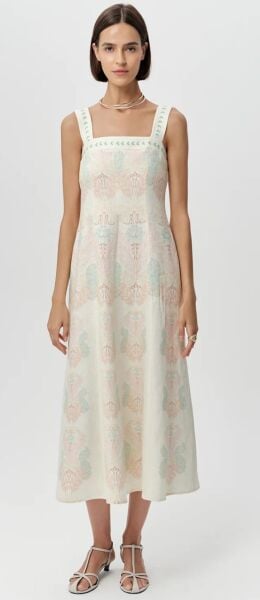 Bele Oturan Fermuarlı Keten Regular Midi Çok Renkli Elbise