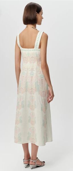 Bele Oturan Fermuarlı Keten Regular Midi Çok Renkli Elbise