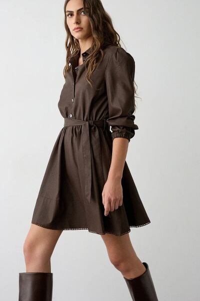 ACI KAHVE DÜĞME DETAY MİNİ ELBİSE