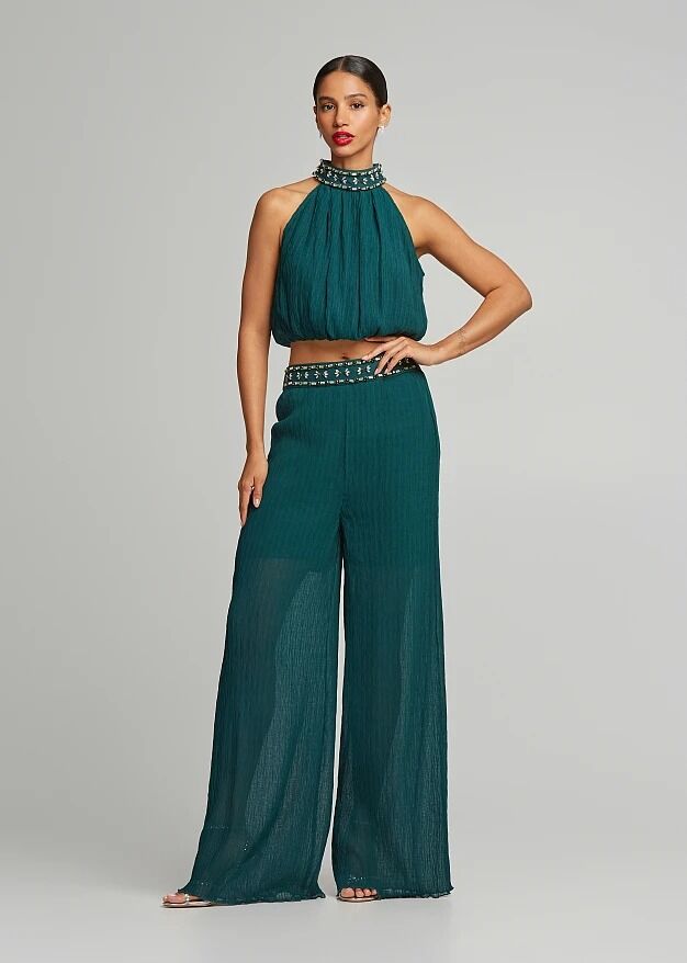 YÜKSEK BEL TAŞ DETAY PALAZZO PANTOLON - ZÜMRÜT YEŞİL