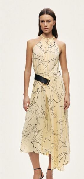 KEMER DETAYLI ASİMETRİK MİDİ ELBİSE