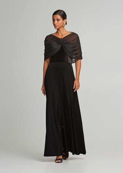 GÜL BROŞ AKSESUARLI SİYAH TÜL BOLERO