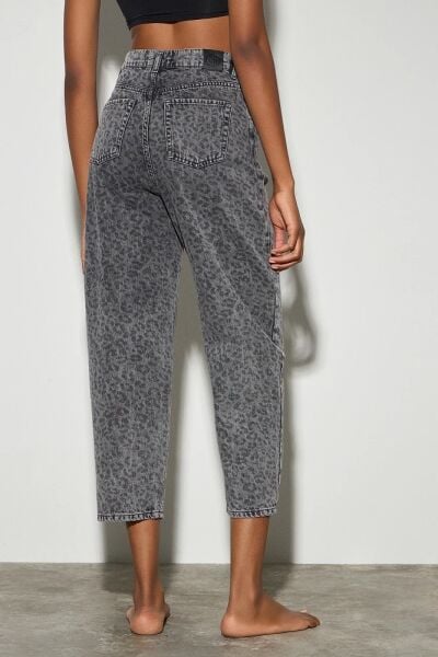 YÜKSEK BEL KADIN JEANS GRİ LEOPAR DESEN PANTOLON