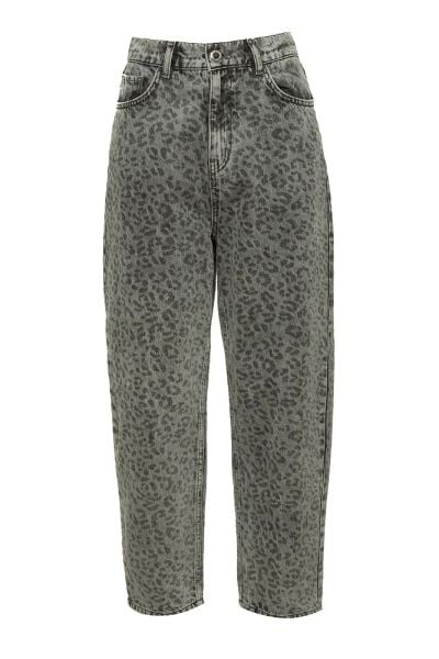 YÜKSEK BEL KADIN JEANS GRİ LEOPAR DESEN PANTOLON