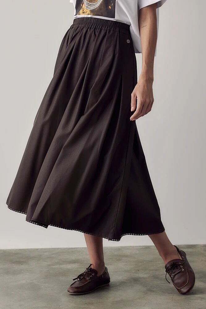 BEL DETAY LASTİKLİ KAHVERENGİ MİDİ BOY ETEK