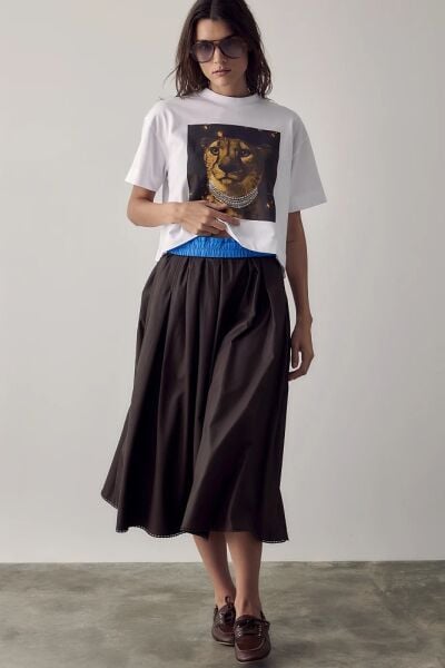 BEL DETAY LASTİKLİ KAHVERENGİ MİDİ BOY ETEK