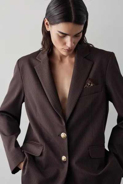 ÇİZGİLİ DORE DÜĞME DETAY BLAZER CEKET-KAHVE