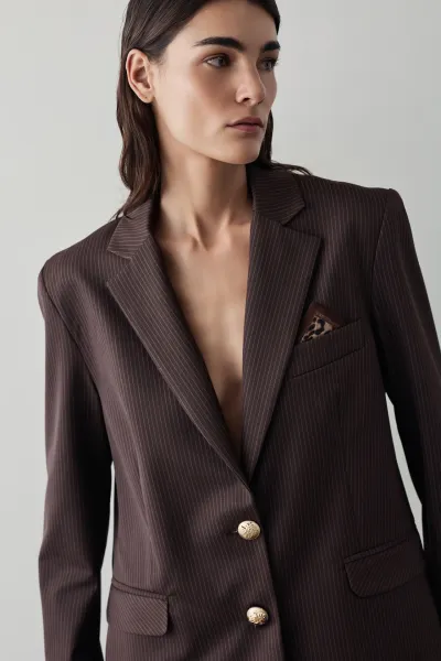 ÇİZGİLİ DORE DÜĞME DETAY BLAZER CEKET-KAHVE