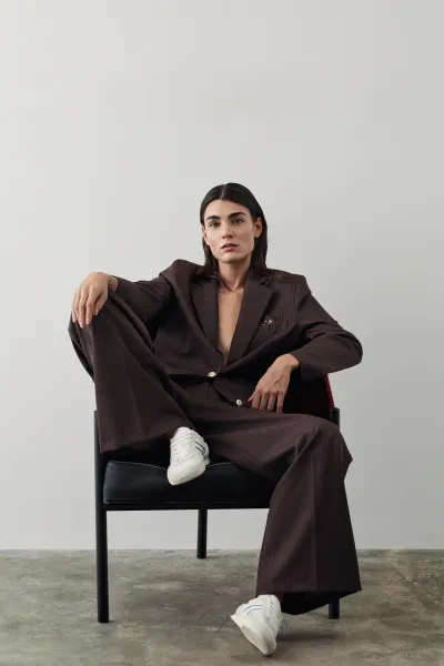 ÇİZGİLİ DORE DÜĞME DETAY BLAZER CEKET-KAHVE