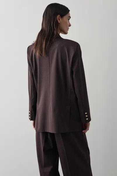 ÇİZGİLİ DORE DÜĞME DETAY BLAZER CEKET-KAHVE