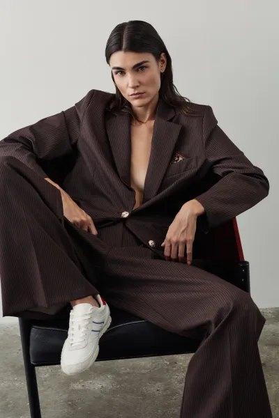 LEOPAR AKSESUARLI ÇİZGİLİ PALAZZO PANTOLON-KAHVE