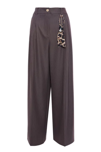 LEOPAR AKSESUARLI ÇİZGİLİ PALAZZO PANTOLON-KAHVE