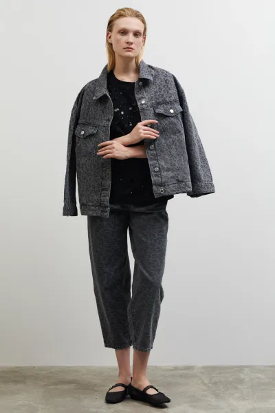 KADIN DENİM LEOPAR DESEN CEKET-GRİ