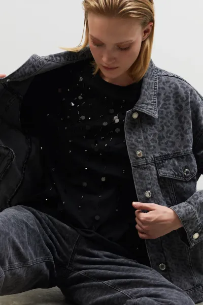 KADIN DENİM LEOPAR DESEN CEKET-GRİ