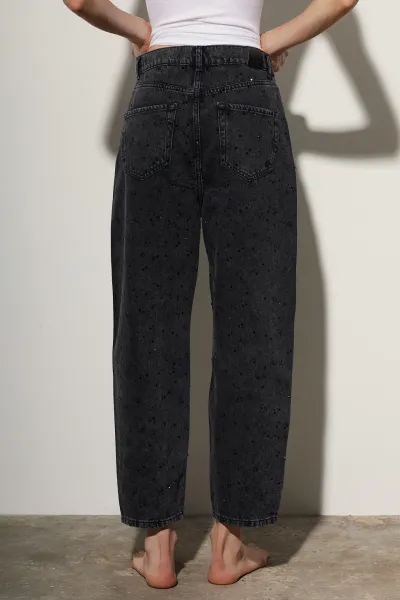 TAŞ DETAYLI JEAN PANTOLON-SİYAH