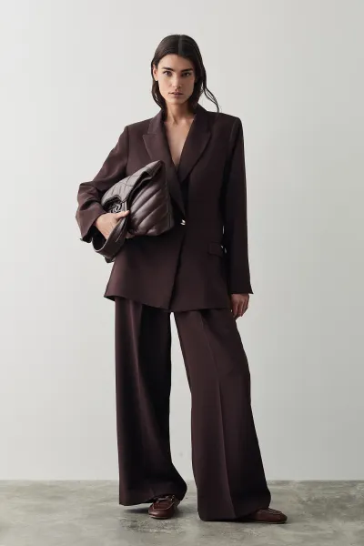 ÇİFT PİLE DETAY PALAZZO PANTOLON-ACI KAHVE