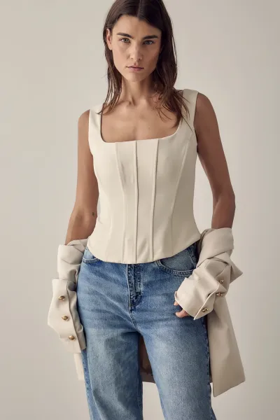 KARE YAKA KORSE DETAY BÜSTİYER SİYAH-VANİLYA