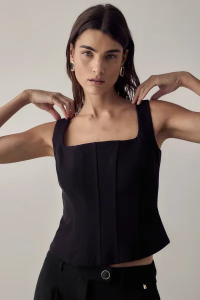 KARE YAKA KORSE DETAY BÜSTİYER SİYAH-VANİLYA