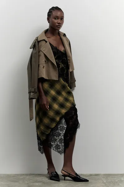 DANTELLİ EKOSE ASİMETRİK ELBİSE ZEYTİN-YEŞİL