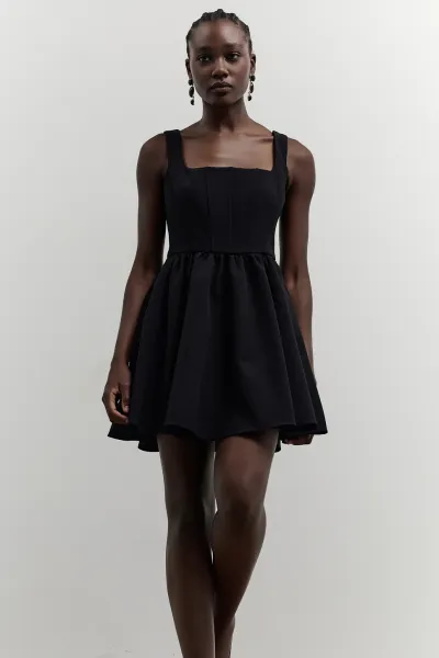 KORSE DETAY MİNİ ELBİSE-SİYAH