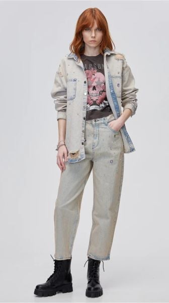 Denim taşlı ince kaban
