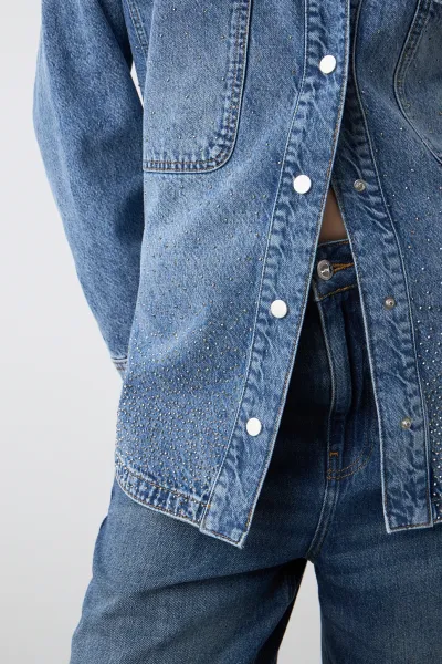 YAPAY ELMASLARLA SÜSLENMİŞ GÖMLEK-MAVİ