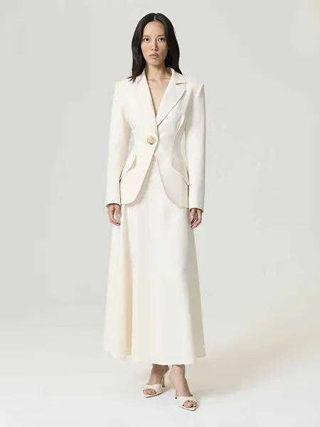 Gold Aksesuarlı Vatkalı Ceket-Ekru