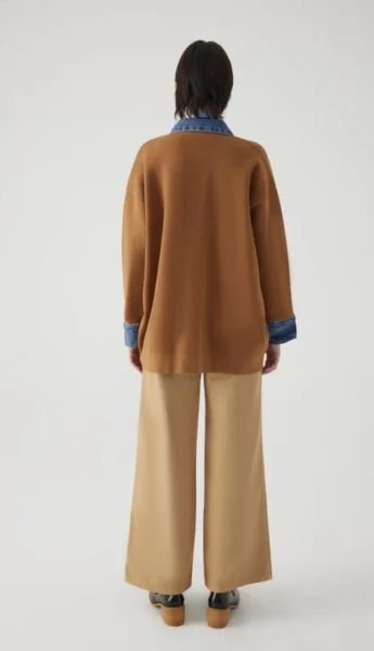 Kahverengi Denim Garnili Oversize Hırka