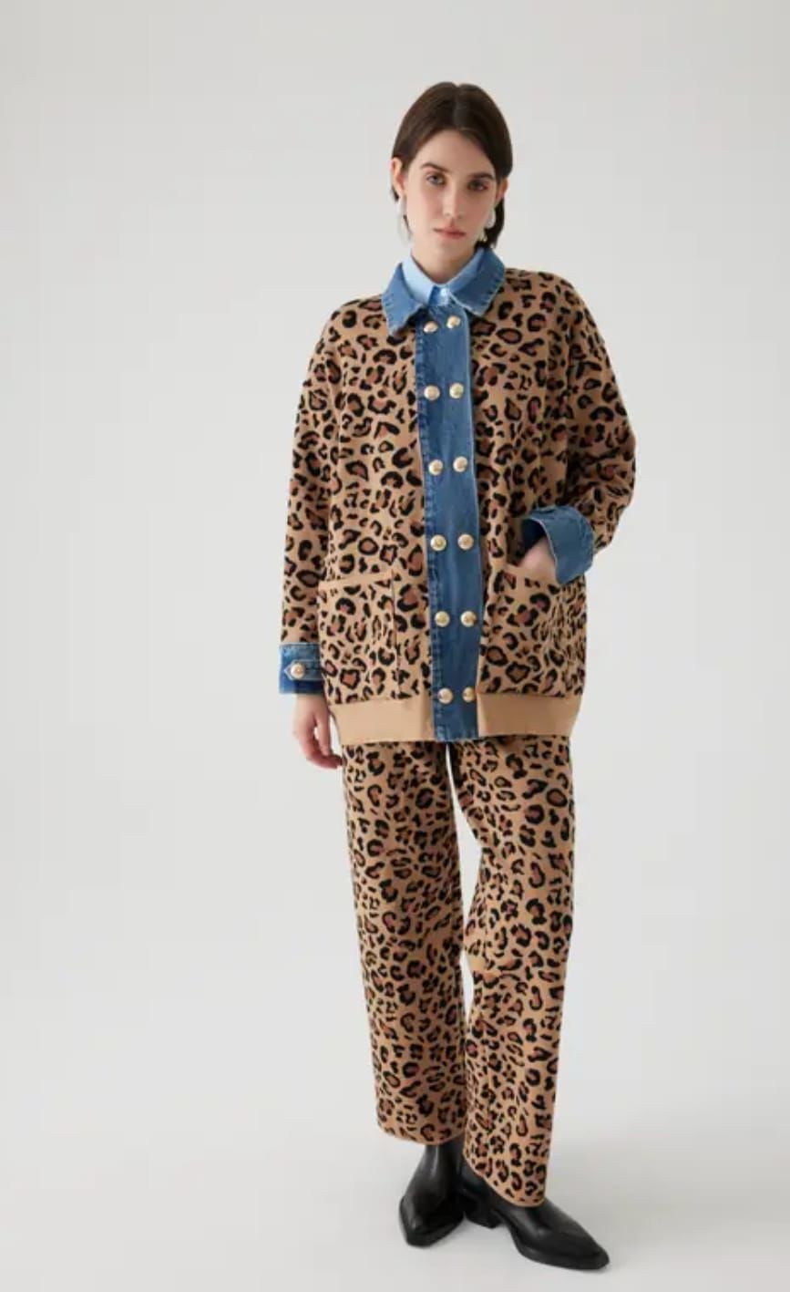 Leopar Desen Denim Garnili Oversize Hırka