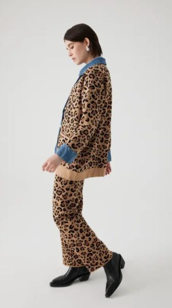 Leopar Desen Denim Garnili Oversize Hırka