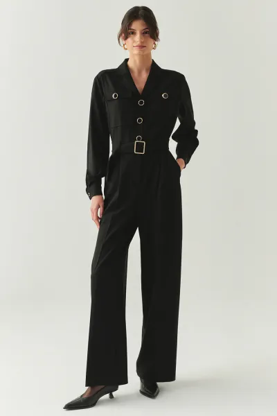 Uzun Kollu Ceket Yaka Cepli Kemerli Slim Fit Tulum-Siyah