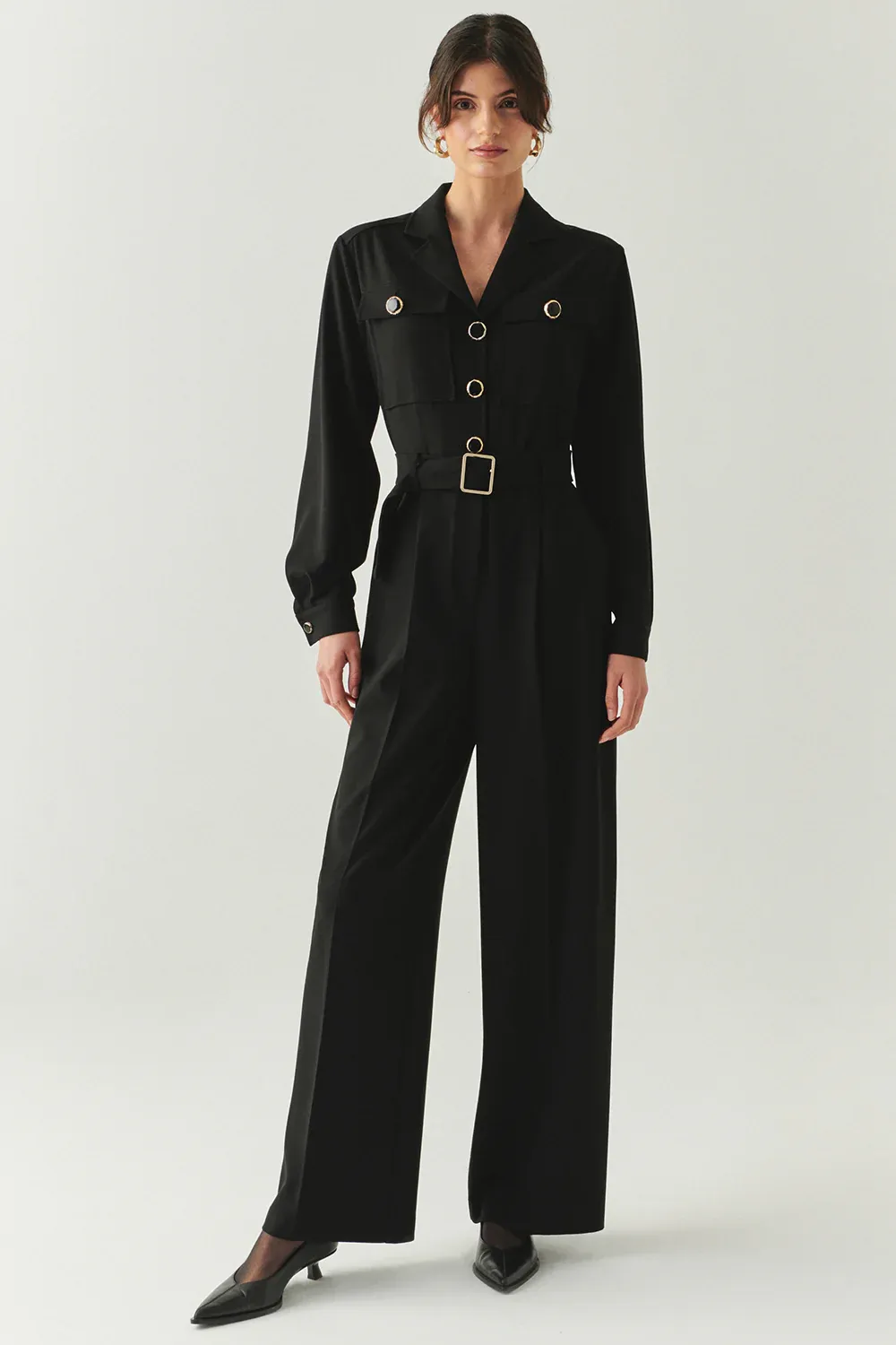 Uzun Kollu Ceket Yaka Cepli Kemerli Slim Fit Tulum-Siyah