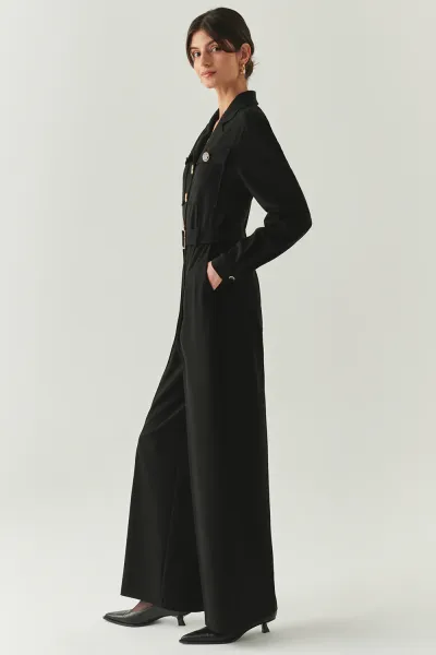 Uzun Kollu Ceket Yaka Cepli Kemerli Slim Fit Tulum-Siyah