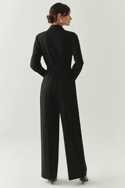 Uzun Kollu Ceket Yaka Cepli Kemerli Slim Fit Tulum-Siyah