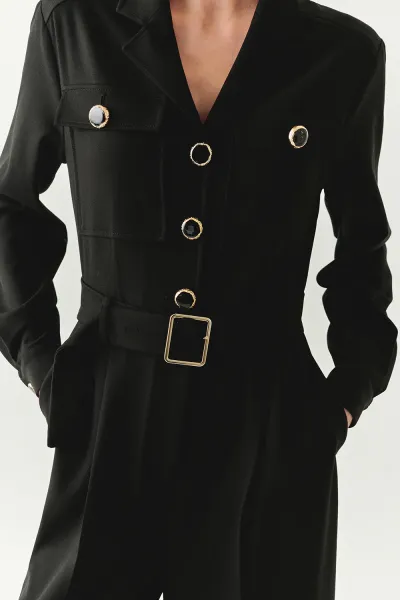 Uzun Kollu Ceket Yaka Cepli Kemerli Slim Fit Tulum-Siyah