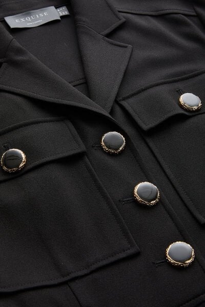 Uzun Kollu Ceket Yaka Cepli Kemerli Slim Fit Tulum-Siyah