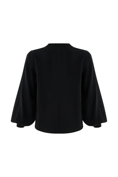 Uzun Kollu Ribanalı Bisiklet Yaka Regular Bluz-Siyah