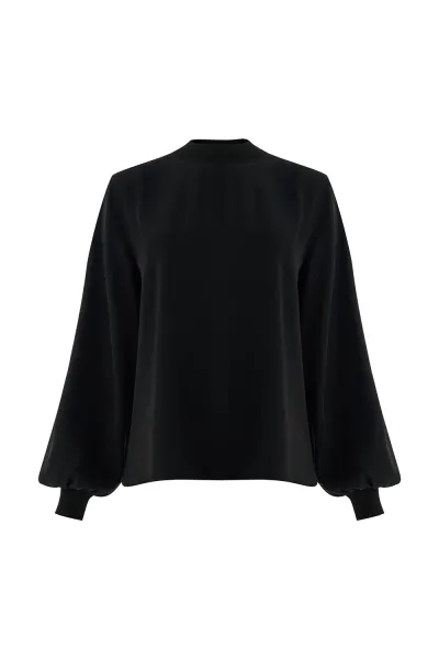 Uzun Kollu Ribanalı Bisiklet Yaka Regular Bluz-Siyah