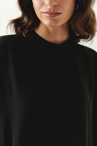 Uzun Kollu Ribanalı Bisiklet Yaka Regular Bluz-Siyah